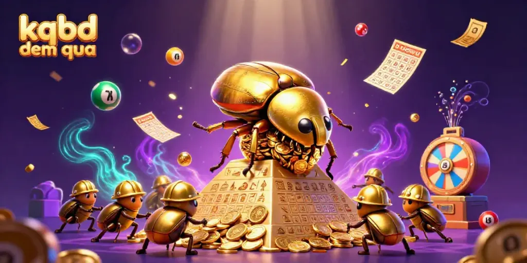 Engage with kqbd dem qua through a vibrant 3D illustration of cartoon beetles navigating a casino-themed pyramid.