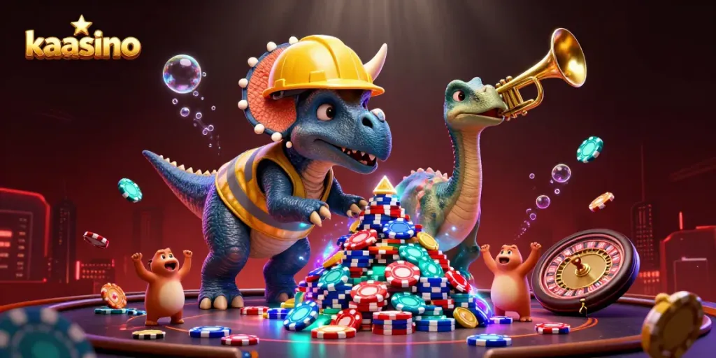 Experience exhilarating gaming at kaasino, with vibrant casino elements and lively characters in celebration.