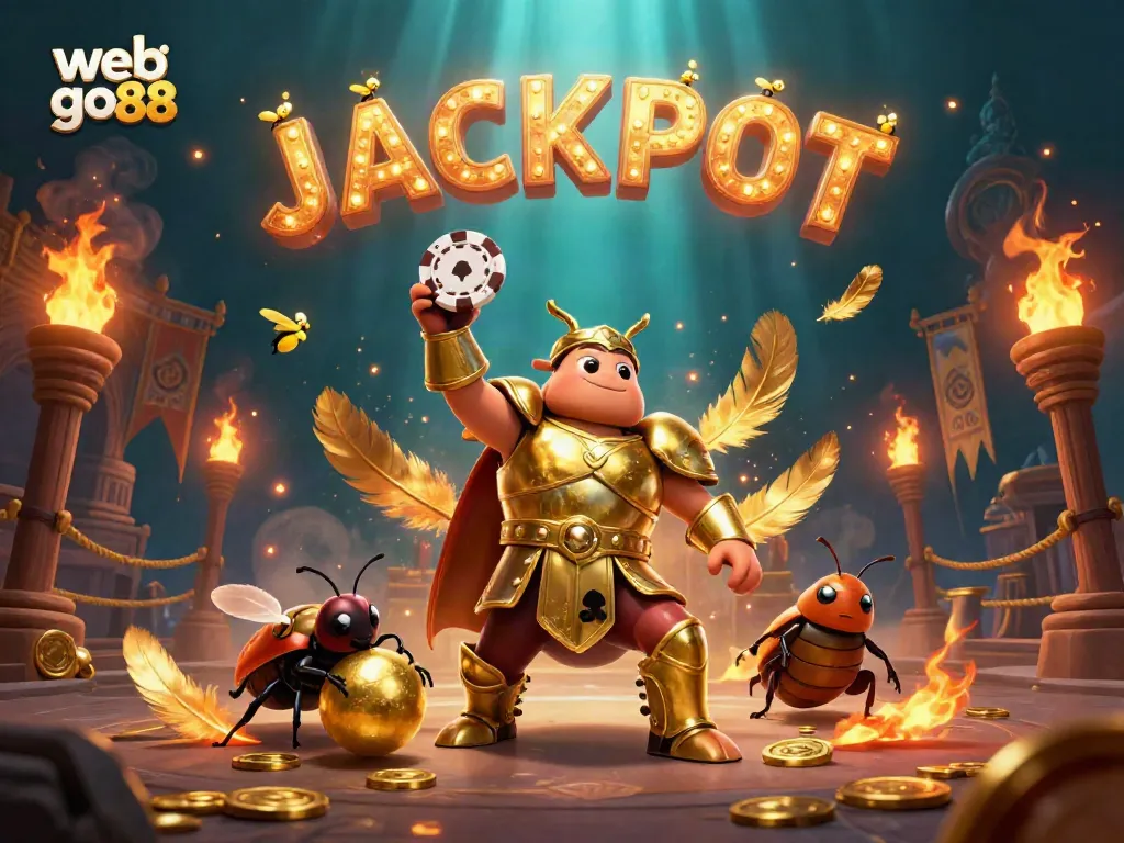 Engage with web go88's thrilling atmosphere as cartoon beetles triumphantly celebrate in a dynamic casino arena.