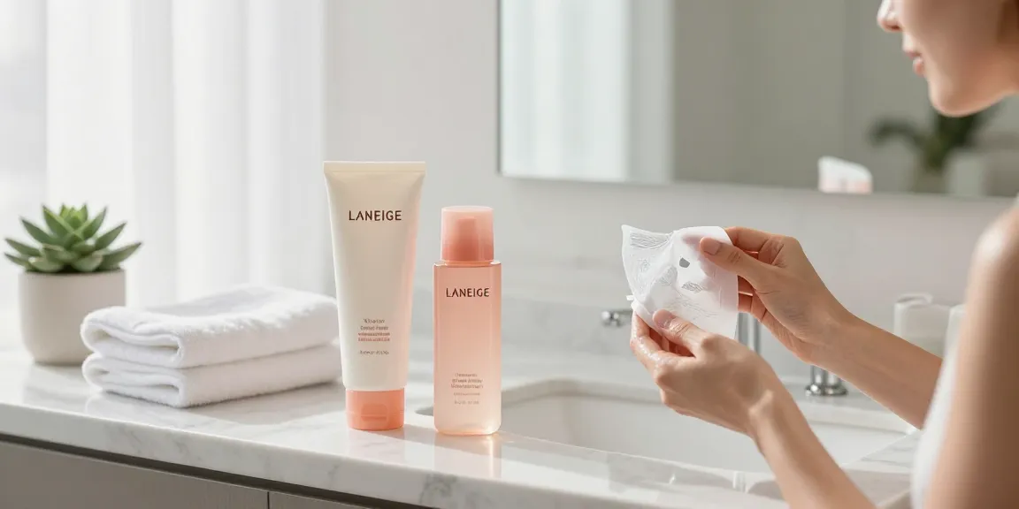 Een vrouw die het Water Sleeping Mask van Laneige aanbrengt in een serene badkameromgeving.