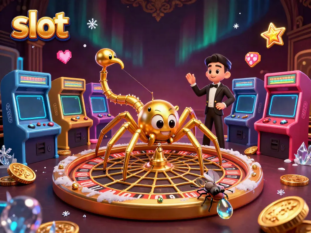 Engaging slot-themed illustration of a golden spider spinning a roulette wheel web with interactive game elements.
