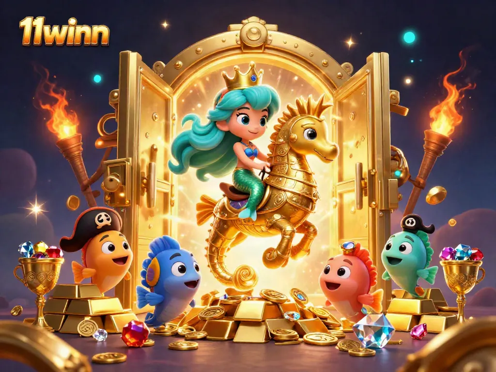 Experience excitement at 11winn with the dazzling treasure vault and playful characters in a vibrant casino scene.