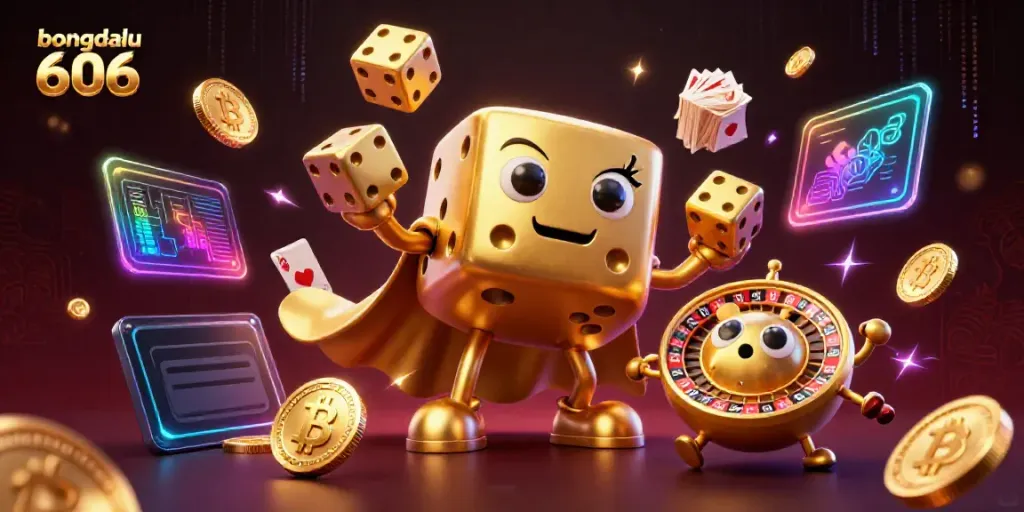 Engage with bongdalu 606 by witnessing a thrilling 3D scene of dice golems and crypto coins illuminating the gambling atmosphere.