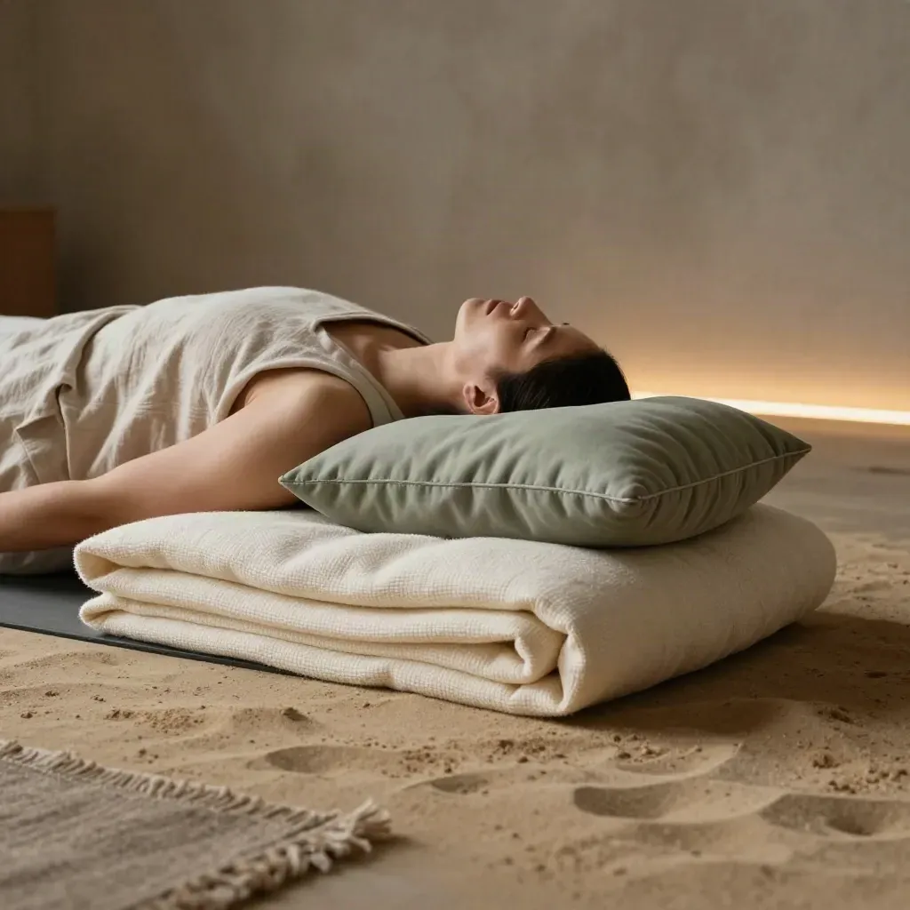 Zacht yogaset met bolster, deken en oogkussen in warme, sfeervolle studio.