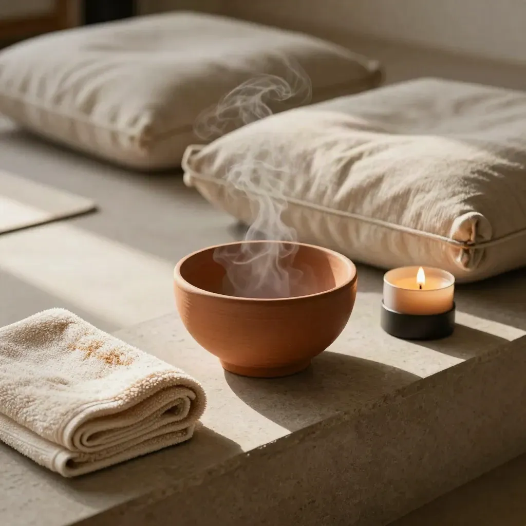 Ritueelset voor ademworkshop met kom, handdoek, timer, kaars en kussens op steen.