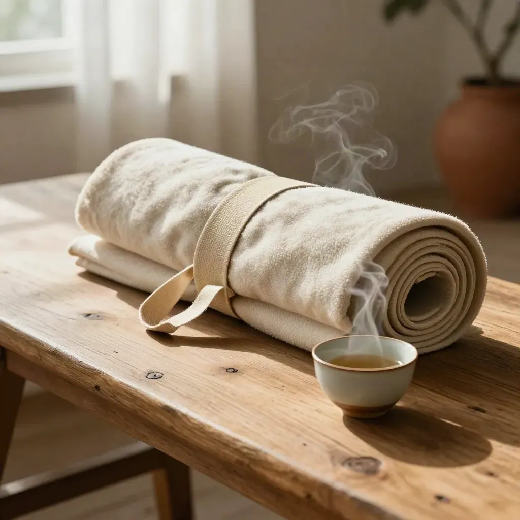 Yoga-set met opgerolde mat, deken, strap en dampende theekop op een houten bank