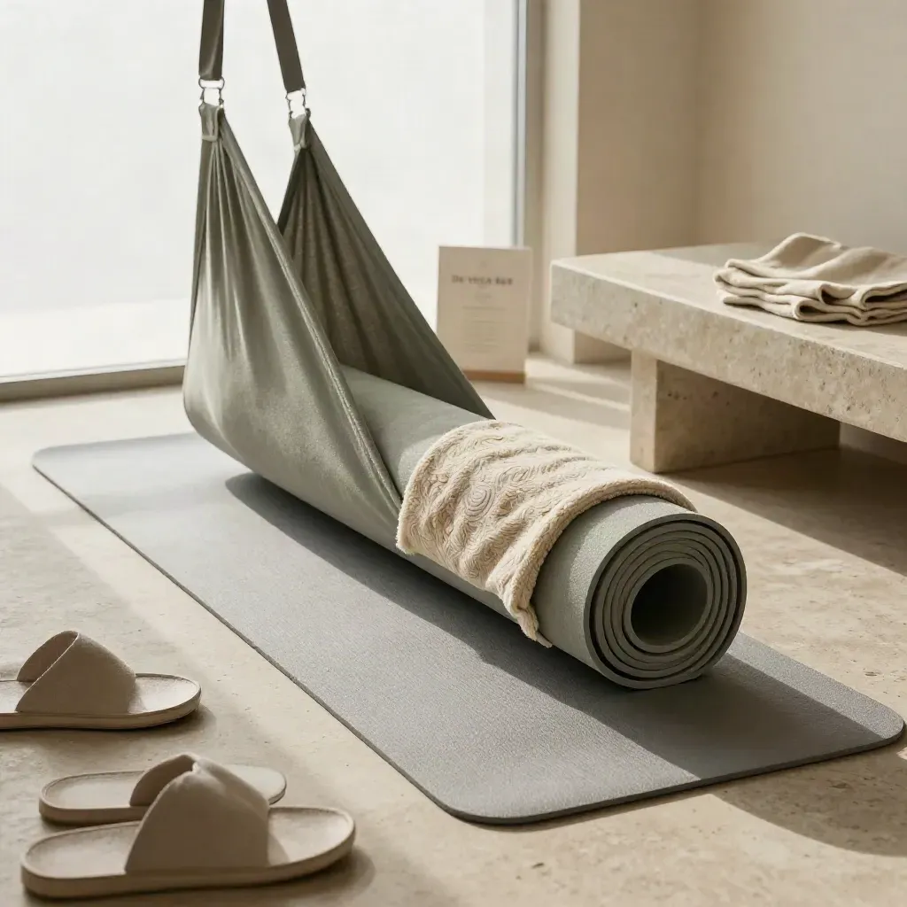 Yoga mat, deken en slippers op een stenen tray bij de studio-ingang.