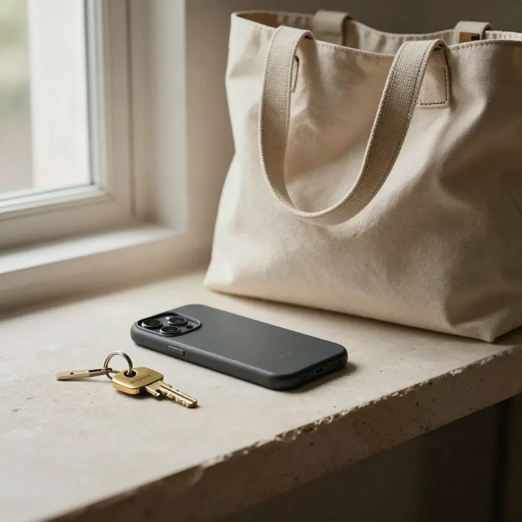 Smartphone, brass key fob en canvas tote op een lichte steenplank in zachte studiozon.