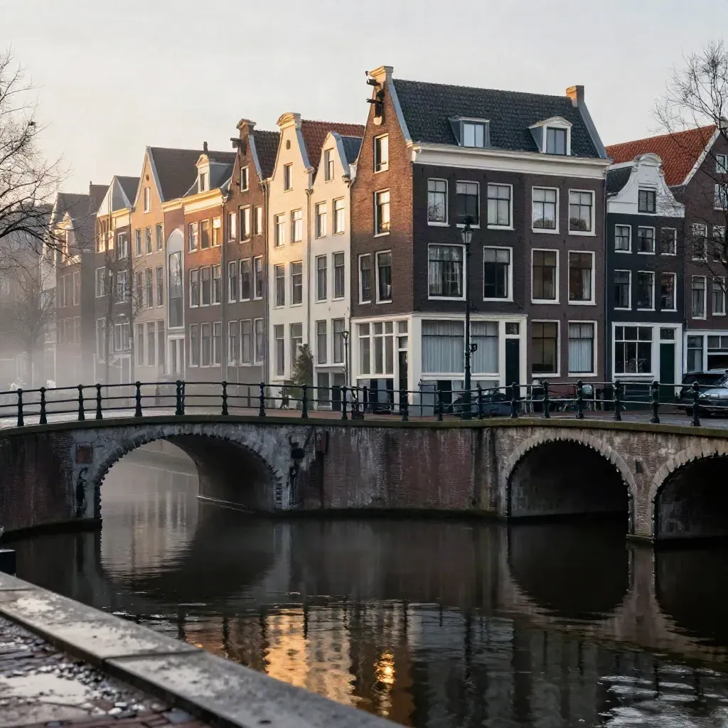 Amsterdamse grachtenhuizen en een lage brug boven stil water in de Jordaan bij zonsondergang na regen