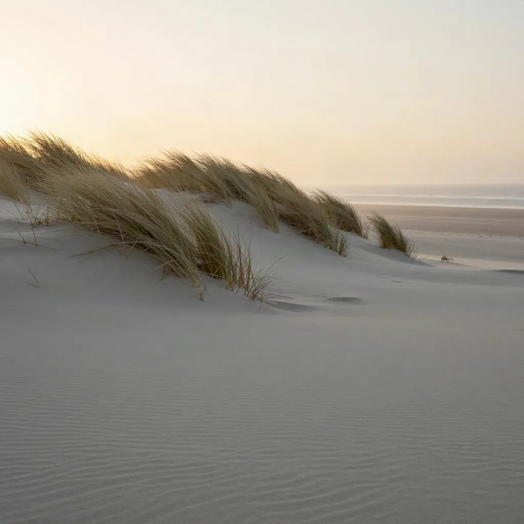 Duingras op licht zand met hoge zeehorizon en veel rustige ruimte voor tekst.