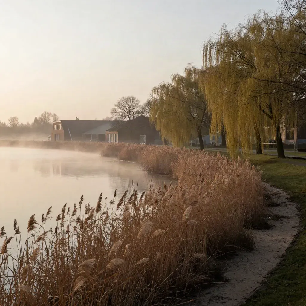Mistige ochtend bij Amstelveens parkwater met riet en lage bakstenen gebouwen in zacht zonlicht.