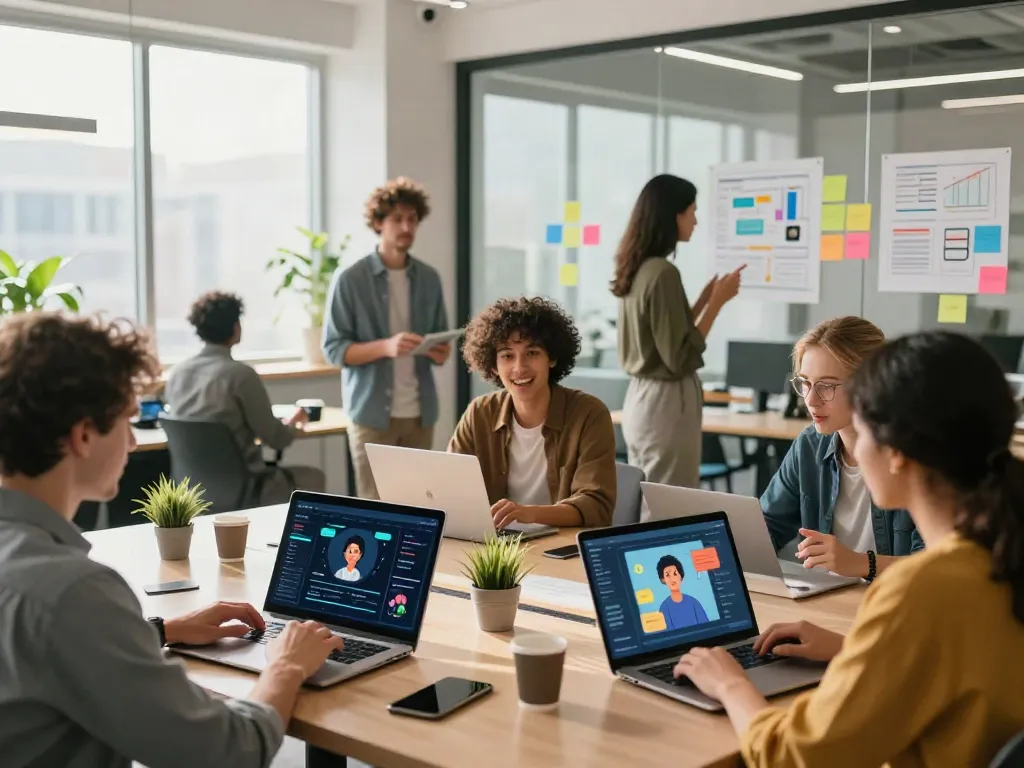 Diverse group collaborating in a vibrant co-working space using juicy ai for interactive conversations and creative brainstorming.