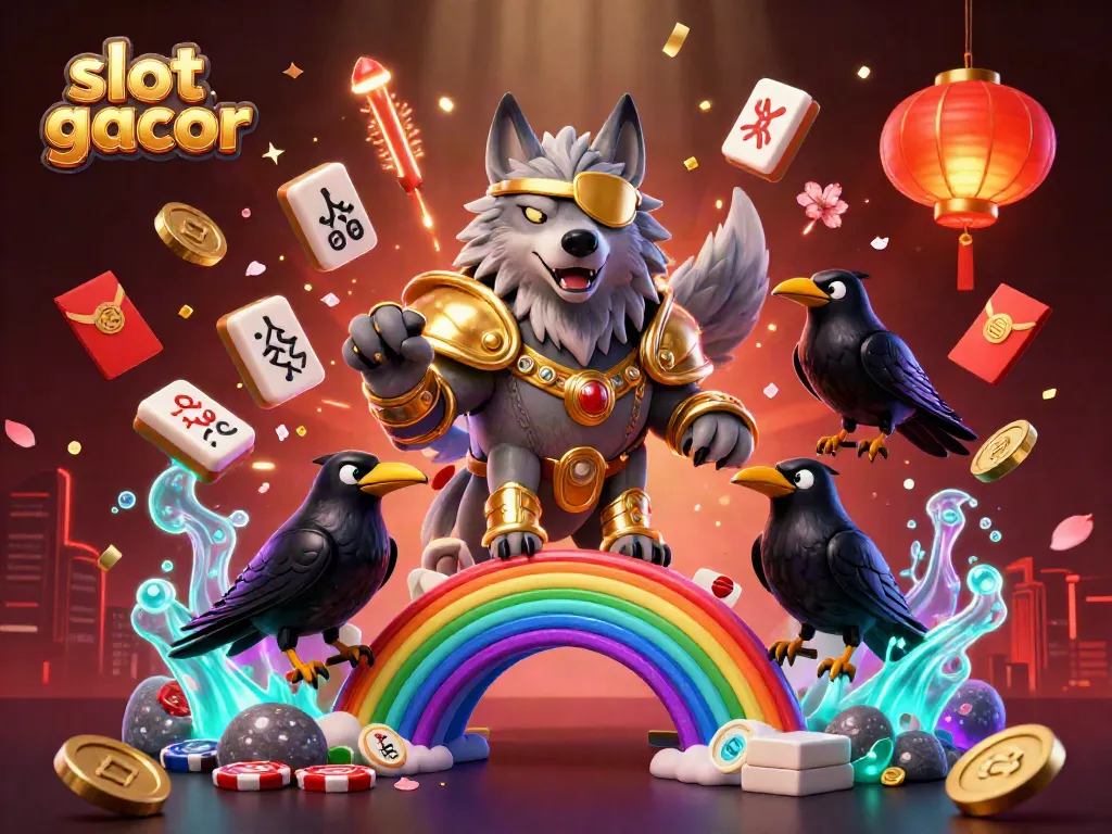 Engage with vibrant slot gacor experience amid Odin wolf and ravens on a colorful casino chip bridge.
