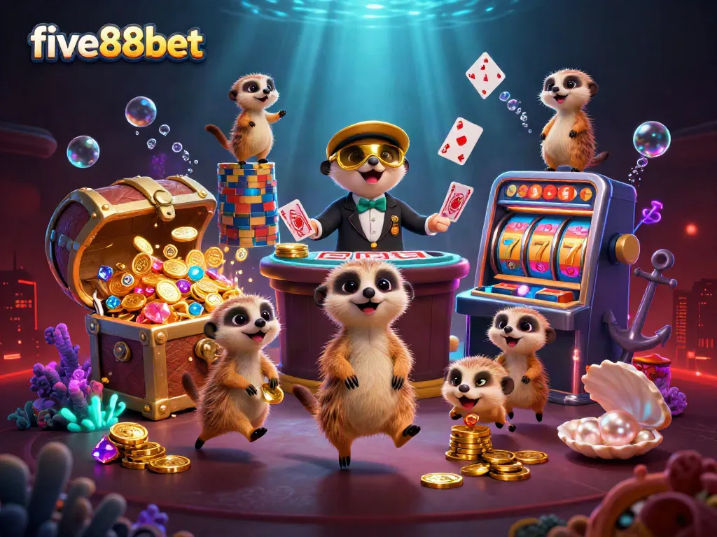 Experience excitement at five88bet with creative meerkats running a lively casino scene filled with treasure and vibrant details.