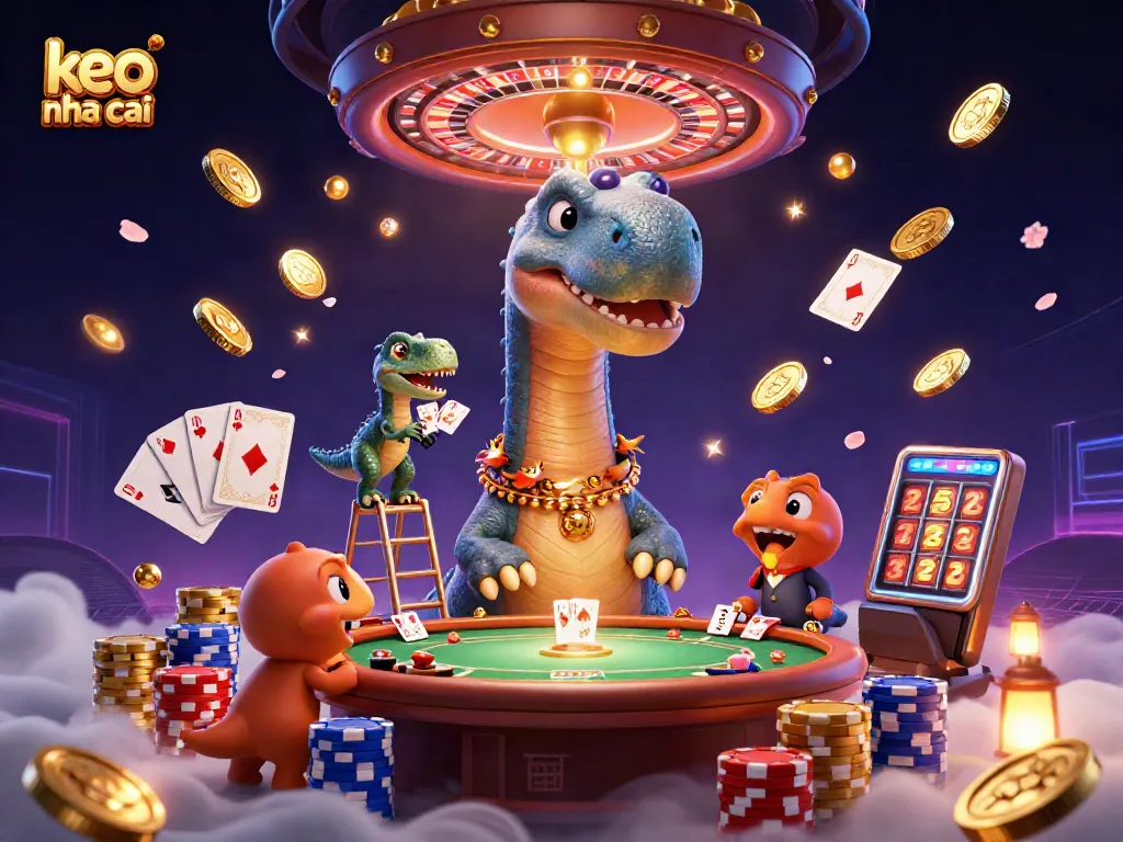 Engage with the keo nha cai betting scene represented by a giant brontosaurus in a lively casino environment.