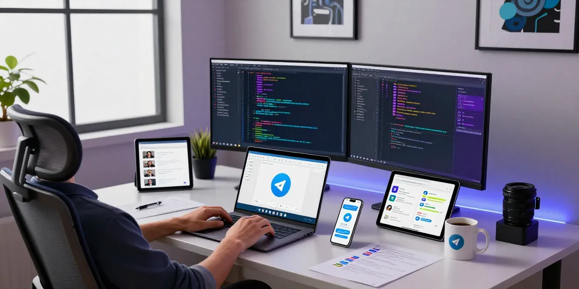 Download Telegram on a sleek modern workspace with coding, tech gadgets, and vibrant atmosphere.