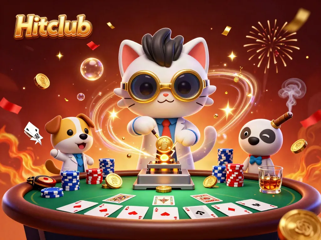 Hitclub showcases a 3D cartoon mad scientist cat and dog creating gold coins, amidst a lively poker scene.