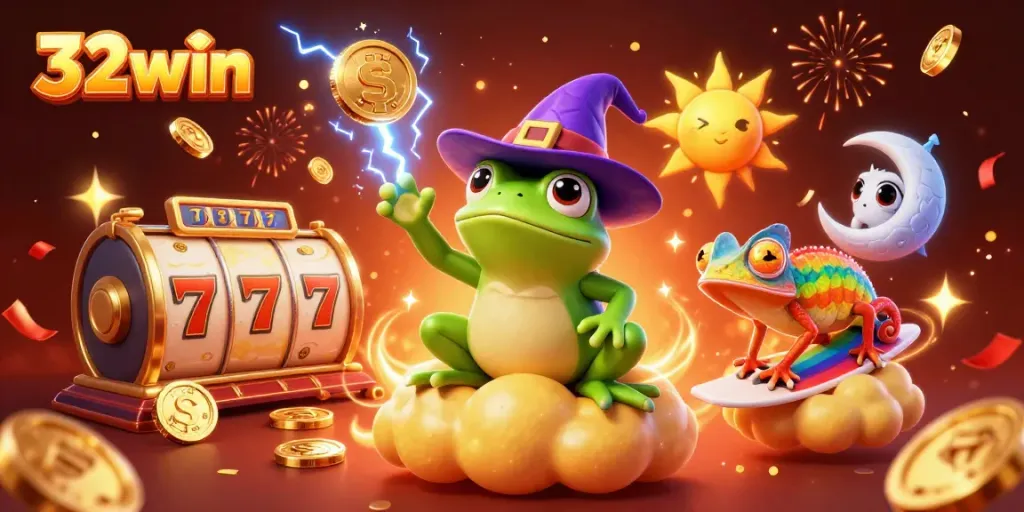 Experience the magic of 32win with a vibrant scene depicting a casino world of fortune.