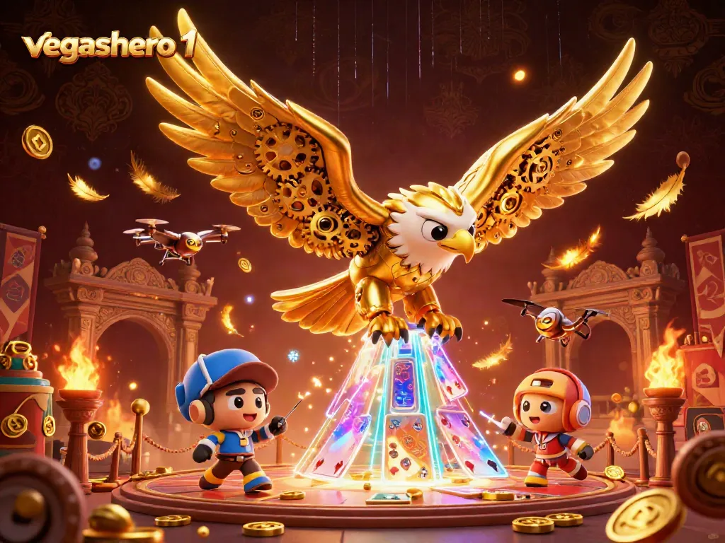 Experience thrilling action at vegashero 1 with a 3D illustration featuring an adventurous golden eagle and dynamic casino elements.