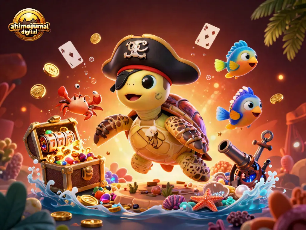 Join the adventure with ahimajournal-digital as the pirate turtle explores the vibrant casino depths!