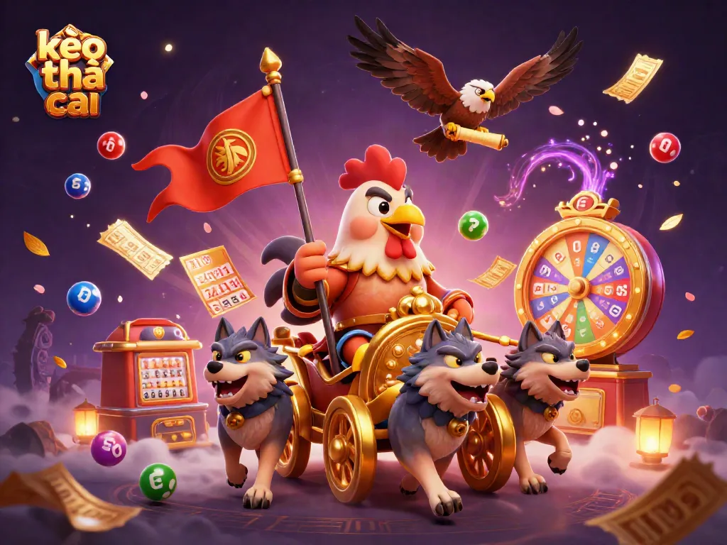 Engage in kèo nhà cái with a rich digital illustration of a rooster warlord alongside casino elements.