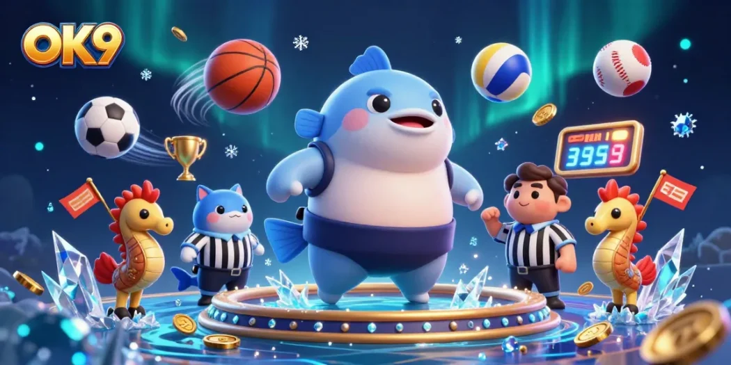 Engage in online gaming excitement with OK9 showcasing a colorful underwater scene featuring a vibrant fugu mascot.
