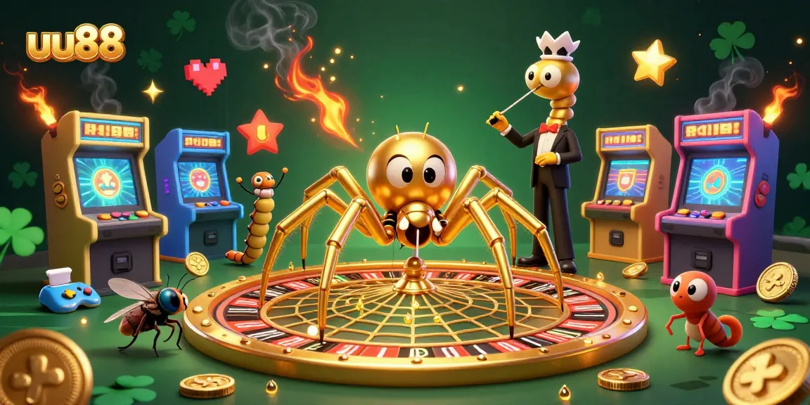 Experience the thrilling action of uu88 with 3D characters in a lively casino scene, featuring a spider and croupier.