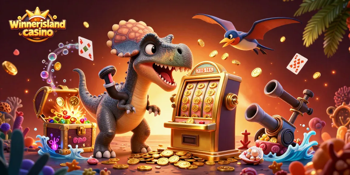 winnerislandcasino attractively features a pachycephalosaurus winning jackpots amidst a vibrant casino scene.