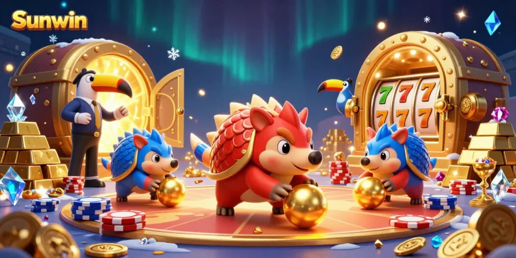 Experience thrilling gameplay with Sunwin's vibrant gaming scene featuring rival pangolins and stunning gold elements.