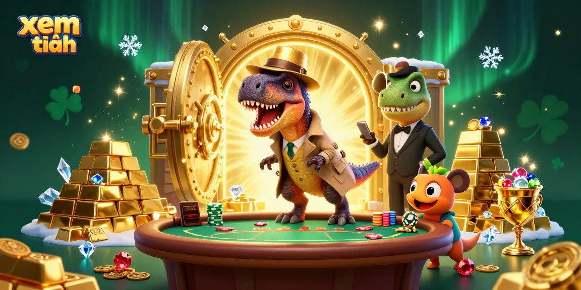 xem thêm visualizes a thrilling casino scene with a velociraptor card counter and stegosaurus pit boss in action.
