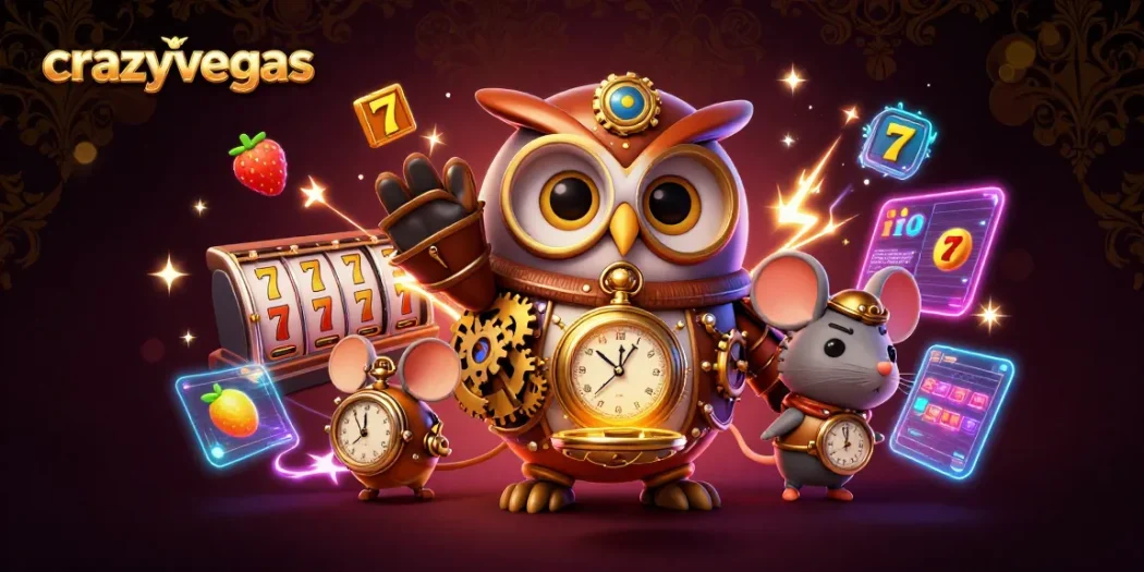 Spin to win with crazyvegas as a time-traveler owl and mouse in a vibrant casino scene filled with slots.